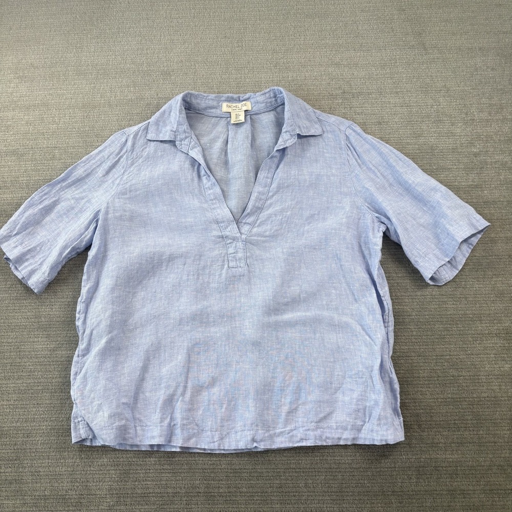 Rachel Zoe Popover Linen Shirt Womens Small Blue V Neck Casual Resort Beach